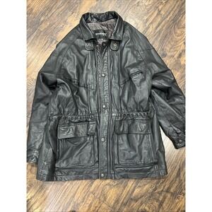 Stratojac Black Leather Jacket Long Heavy Lined Men's Winter Coat Sz XXL